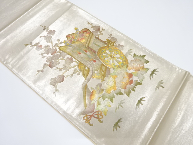 JAPANESE KIMONO / VINTAGE FUKURO OBI / SILK / KINSAI / CARRIAGE & BRANCH UME